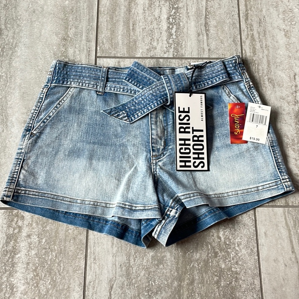 Almost Famous,blue denim,high rise short for Juniors 4 pockets/belt(ribbon)